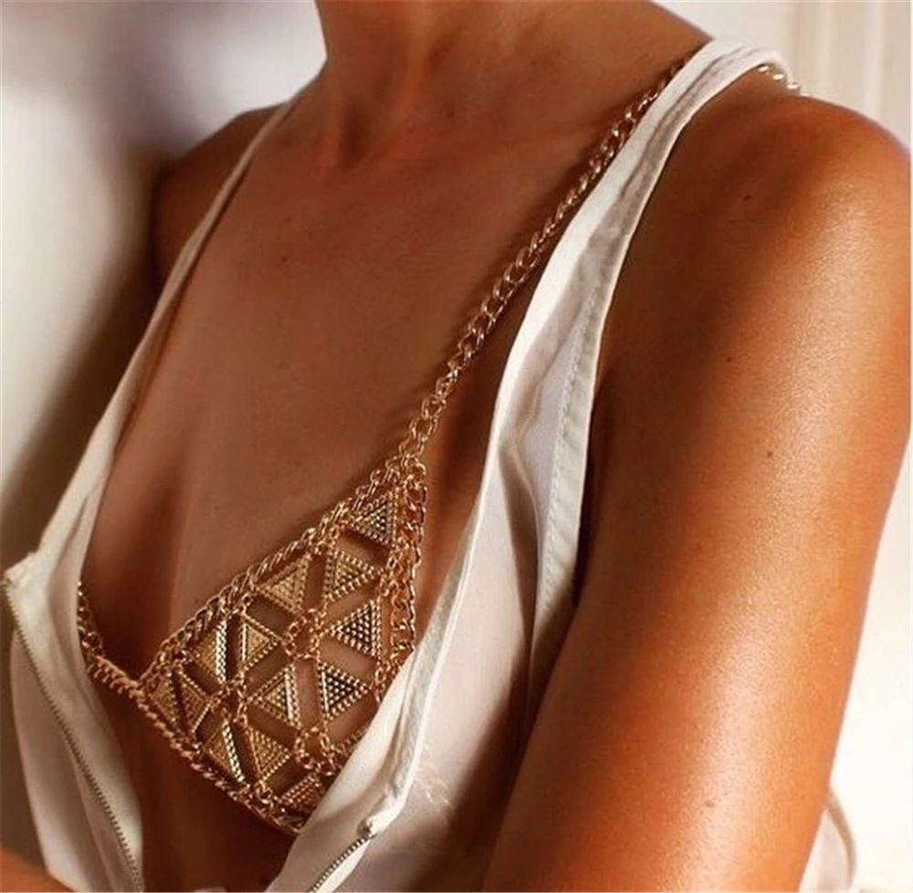 

Retro Handmade Triangle Bra Chains Body Jewelry for Women Bikini Nightclub Beach Fashion Top Harness Necklace Z035