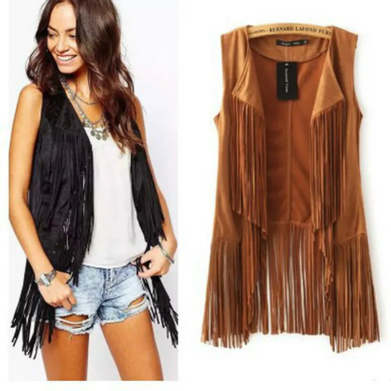 

Fringed Suede Vest Sleeveless Cardigan Tassels coat Velvet Turn Down Collar long Open Stitch Tank Tops Casual Streetwear 2018