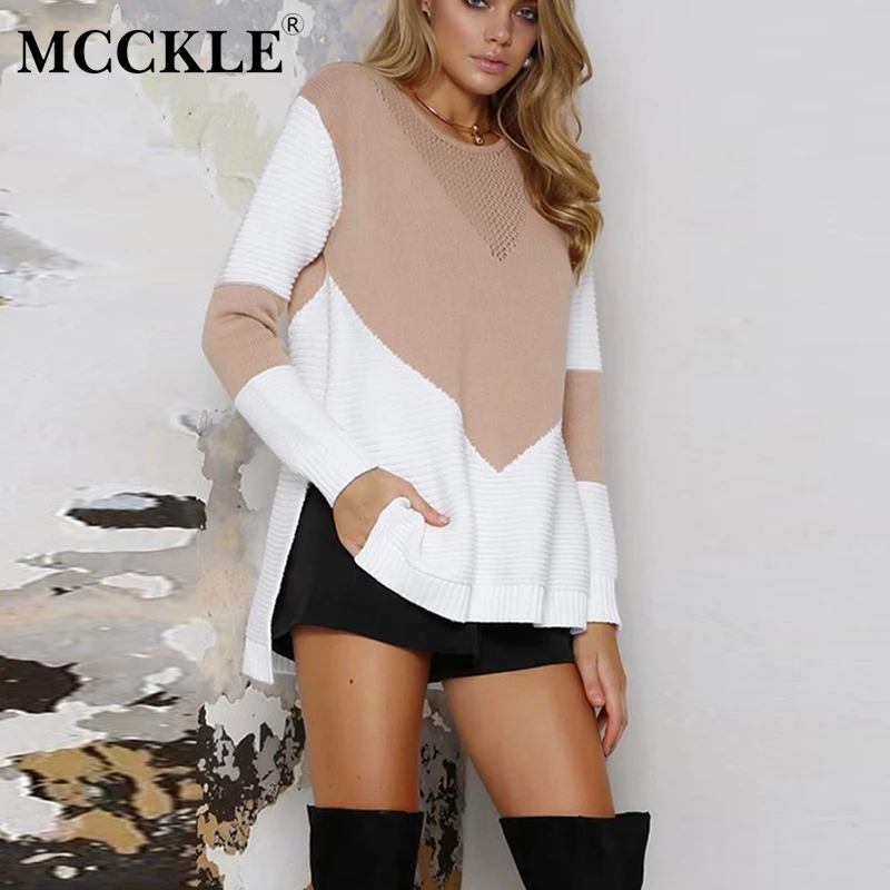 MCCKLE/Для женщин белый лоскутное О-образным вырезом с длинным рукавом Разделение вязаные свитера женские Повседневное Модные пуловеры осень