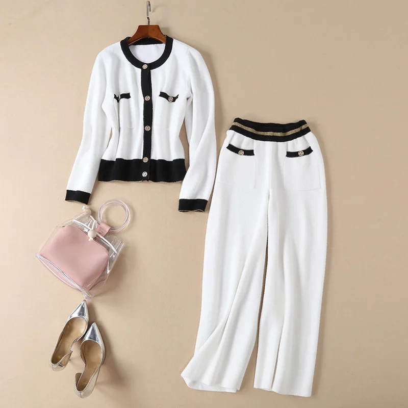 

Autumn Spring Designer Elegant Women Casual 2 Pieces Pants Suits Sets Knitted Sweater Elastic Trousers Knitting Twin Sets Outfit