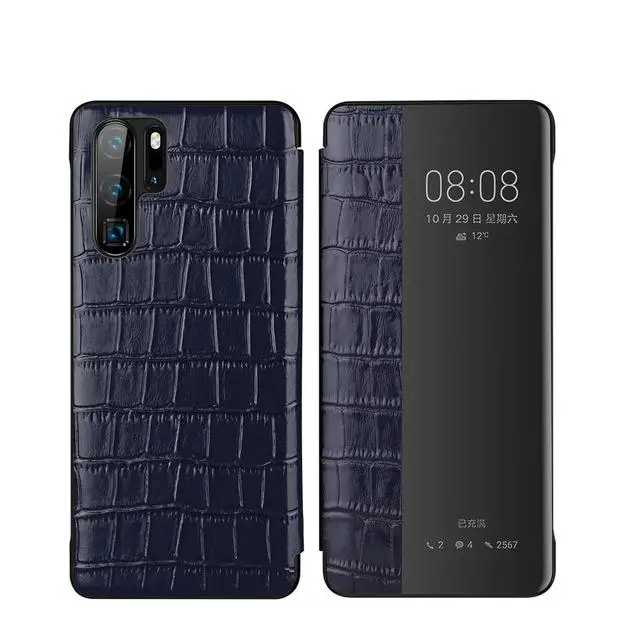 Чехол для huawei P30 из натуральной кожи крокодила магнитные с рисунком чехол для телефона для huawei P30 pro откидной Чехол-кошелек с умным окном - Цвет: Синий