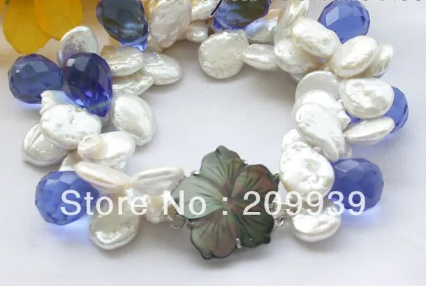 

huij 00360 beautiful 2strands white coin pearl blue drip crystal bracelet