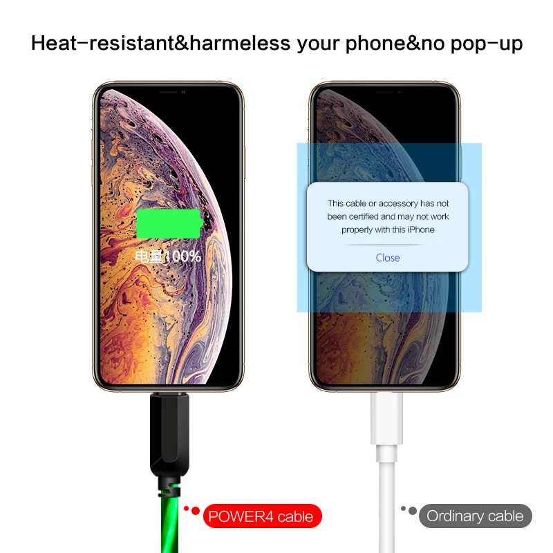 Power4 усиленный микро кабель usbc для iPhone xs max светящийся светодиодный USB Type C Lightning