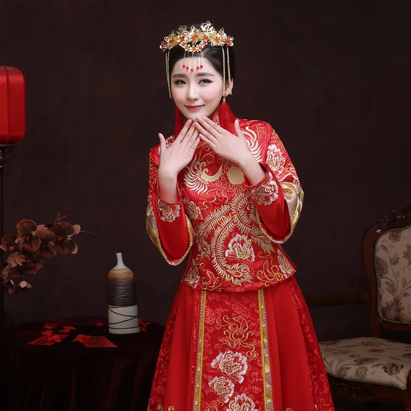 Китай Винтаж cheongsam невесты свадебное платье Дракон платье костюм кимоно наряд красный китайский стиль вечернее платье show Одежда