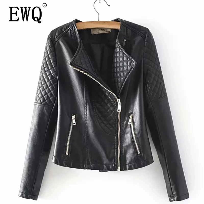 

[EWQ] New Spring Winter 2019 Fashion Full Sleeve Short PU Leather Round Collar Plaid Split Joint Zipper Pockets Women AA114