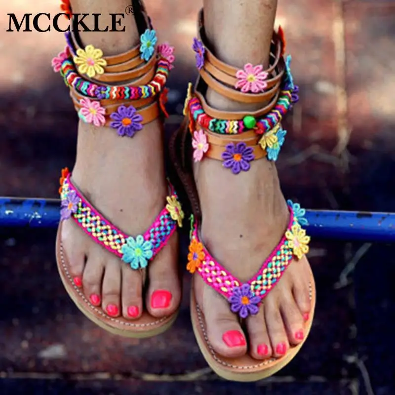 

MCCKLE Women Flower Flat Ethnic Sandals Ladies Zip String Bead Thong Shoes Female Plus Size Gladiator Fashion Casual Shoes