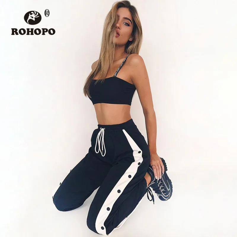 

ROHOPO Side Stripe Women Harem Pant Side Buttons Jogger Knit Sweat Pant Black Streetwear Women Sportswear Bottoms #WP0906