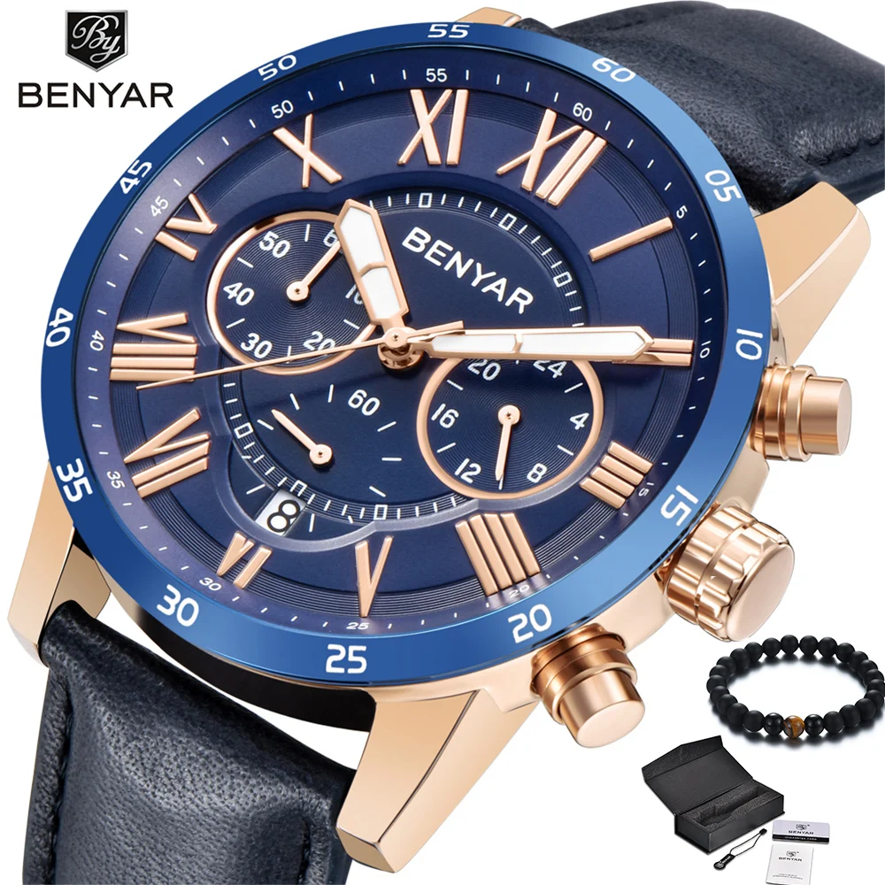 

New BENYAR Luxury Brand reloj hombre militar 2018 Fashion Blue Watch Quartz Men Geniune Leather Band men waterproof Wrist Watch