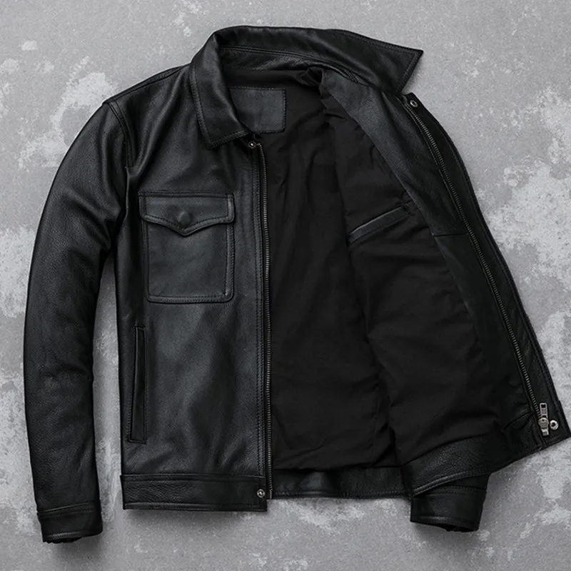

2019 New Brand Men's Cowhide Leather Jacket Slim Stand Collar Short Leather Jacket Autumn and Spring Coat Male