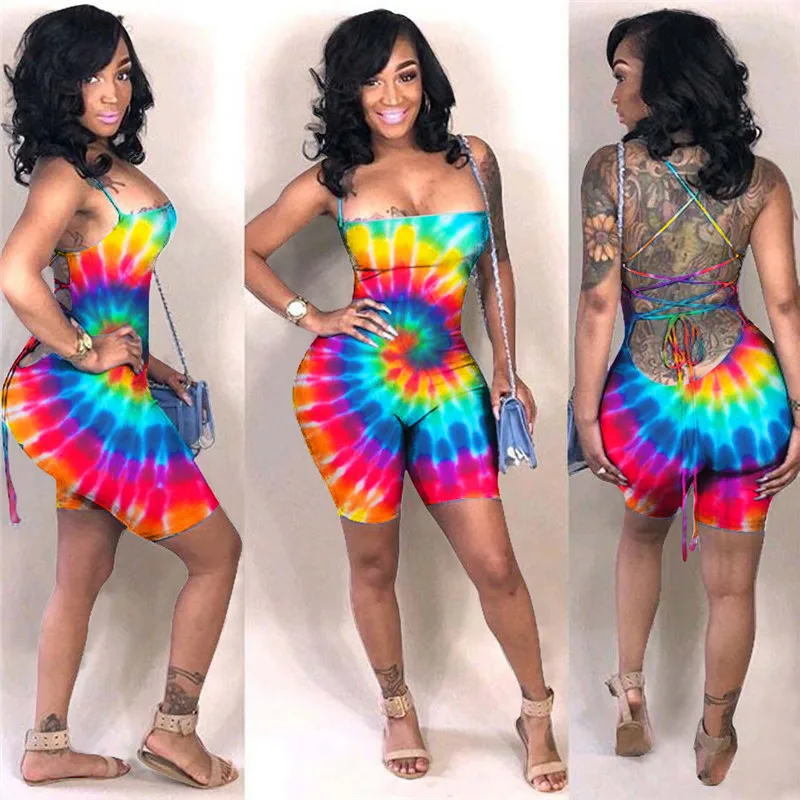 مثير Bodycon قطعة واحدة بذلة السراويل Playsuit جديد المرأة الملونة التعادل صبغ اللياقة البدنية رومبير نحيل عارية الذراعين الصيف الشاطئ داخلية
