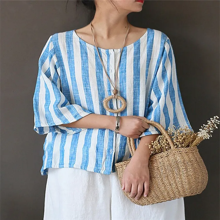 2019 Summer Women Vintage O-Neck Cotton Linen Striped Blouses Three Quarter Casual Button Loose Shirt Seven Sleeve Tops |
