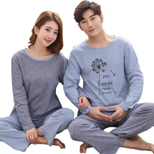 Весна хлопок пара пижамы с длинными рукавами набор круглый вырез письмо досуг удобная мягкая домашняя одежда для любовной пары Пижама