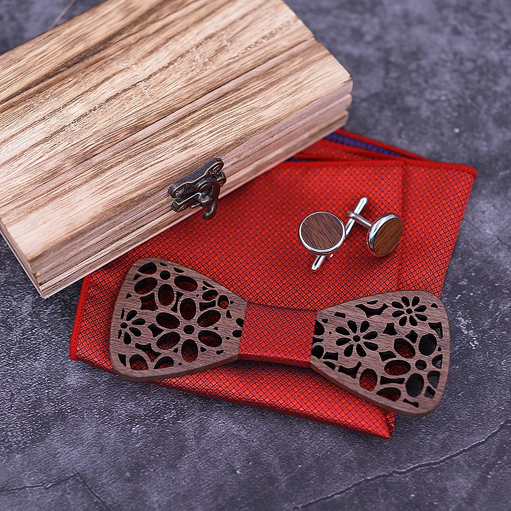  New 4 Pieces Wooden tie Handkerchief Cufflinks Fashion wood bow tie wedding dinne Handmade corbata 