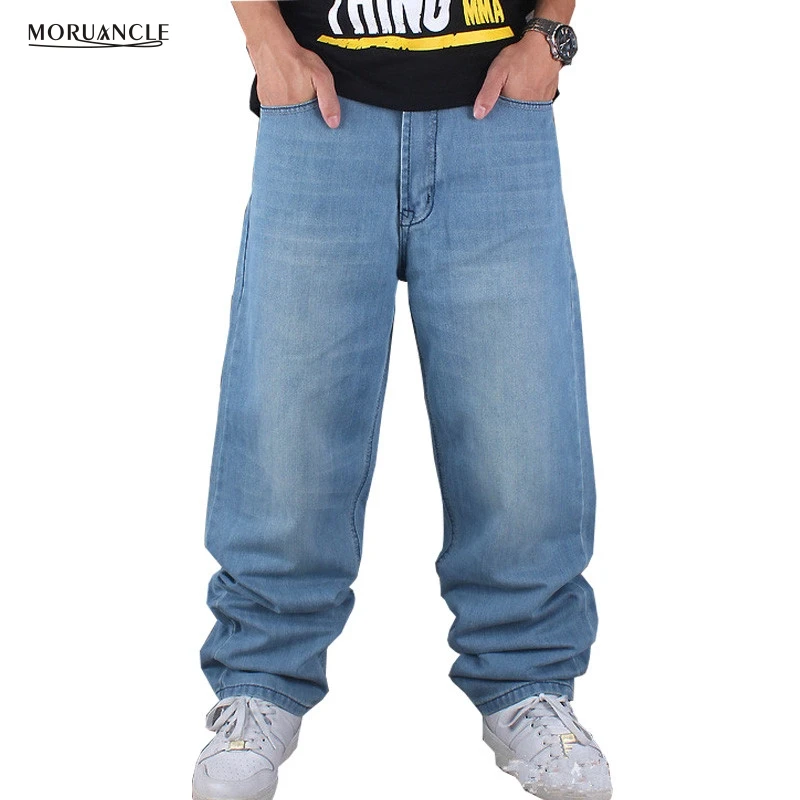 MORUANCLE Hip Hop Jeans Pants For Male Light Blue Plus Size Loose Denim Joggers Baggy Skateboard