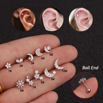 1 PC Small Flower Moon Wing Triangle CZ Tragus Daith Helix Rook Piercing Studs Jewelry Helix Cartilage Studs Rook Piercing