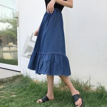 Женская высокая талия посылка бедра, джинсовая юбка Русалка его оборки Дамские элегантные узкие джинсовые юбки до колена с карманами