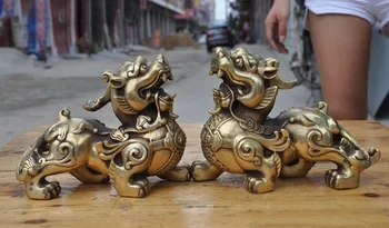 

christmas China Fengshui brass Wealth Money Guardian Beast Unicorn Kylin PiXiu Statue Pair halloween