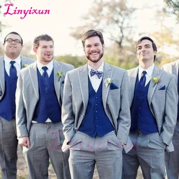 Tanie Linyixun Szary ślub Groomsmen Smokingi 2018 Klasyczny Styl Trzy Sztuka Królewski Niebieski Kamizelka Szary Mężczyźni Na Miarę Garnitury