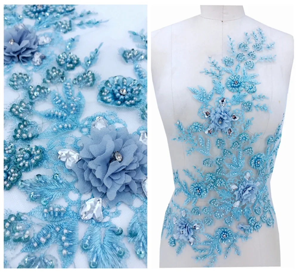 

Light blue Three-dimensional lace applique with handsewing beads rhinestones patches 50*34cm for prom dress accessory