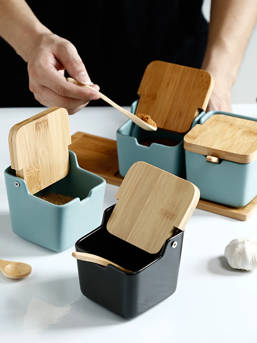 Керамический набор банок для приправ, креативная бамбуковая крышка, кухонная бутылка для приправ масла, солевого бака, коробка для хранения, цветная