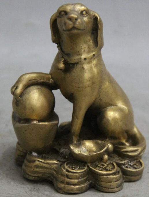 

R0717 Details about 5' Chinese Brass Zodiac Year Dog Wealth Animal Bead Yuan Bao Statue Sculpture B0403