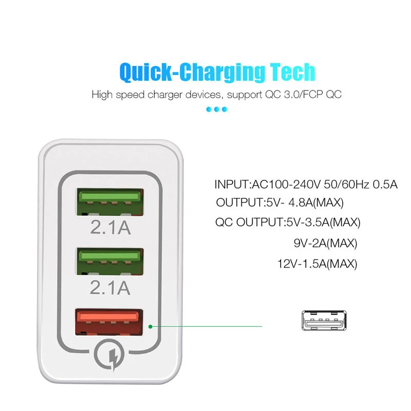 3-ميناء العالمي 18 W USB سريعة تهمة 3.0 5 V 3A ل فون الاتحاد الأوروبي التوصيل شاحن سريع للهاتف المحمول الذكية شحن IOS Samsug هواوي
