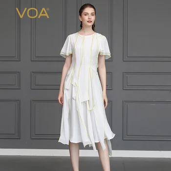 

VOA Sweet White Silk Dress Women Irregular Tassel Midi Dresses Elegant Ladies Ruffles Sleeve Summer High Quality vestidos A10039