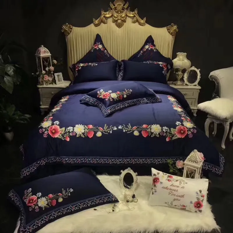 

Blue Luxury 80S Egyptian Cotton Flower Embroidery Palace Bedding Set Queen King Duvet Cover Bed sheet/Linen Pillowcases 4/7pcs