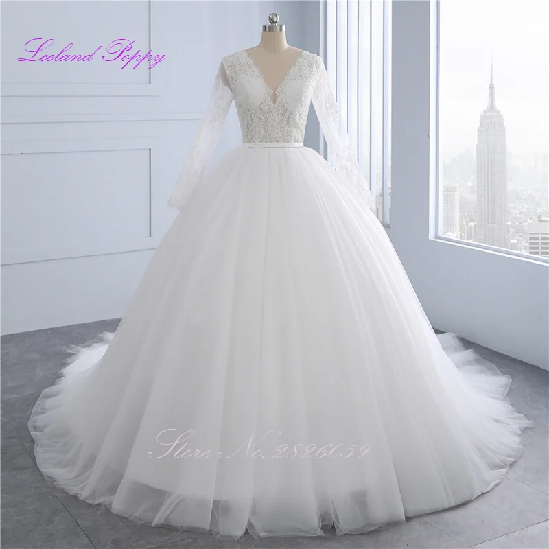 

Women's A-line Lace Appliques Wedding Dresses 2020 Full Sleeves V-neck Empire Waistline Tulle Vestido de novia Bridal Gowns