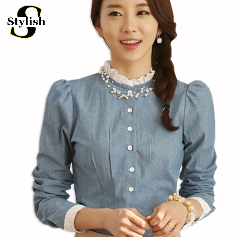 

Beaded Women Blouses Shirts Spring 2018 New Fashion Korean Style Vintage Lace Turtleneck Puff Long Sleeve Tops For Office Lady