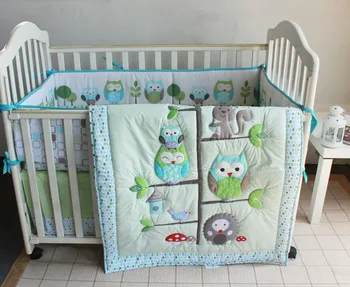 

Ups Free 7 Pcs Cartoon Owl Baby Bedding Set Baby cradle crib cot bedding set cunas crib Quilt Sheet Bumper Bed Skirt Included