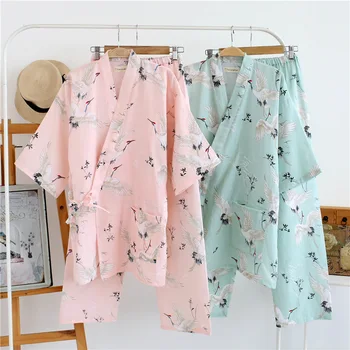 

Japanese Women's Yukata Print Pajamas Sets Top and Pants Soft Sleep Lounge Simple Kimono Robes Bathrobe Leisure Wear Homewear