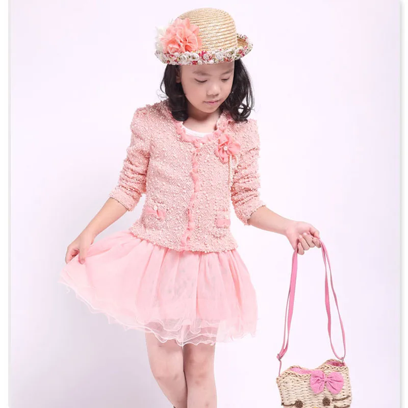 

Free Shipping Spring&Autumn Baby Child Clothing Girl Kids Fashion Pullover Diamond Butterfly O-Neck Dress+Floral Coat 2Pcs Sets