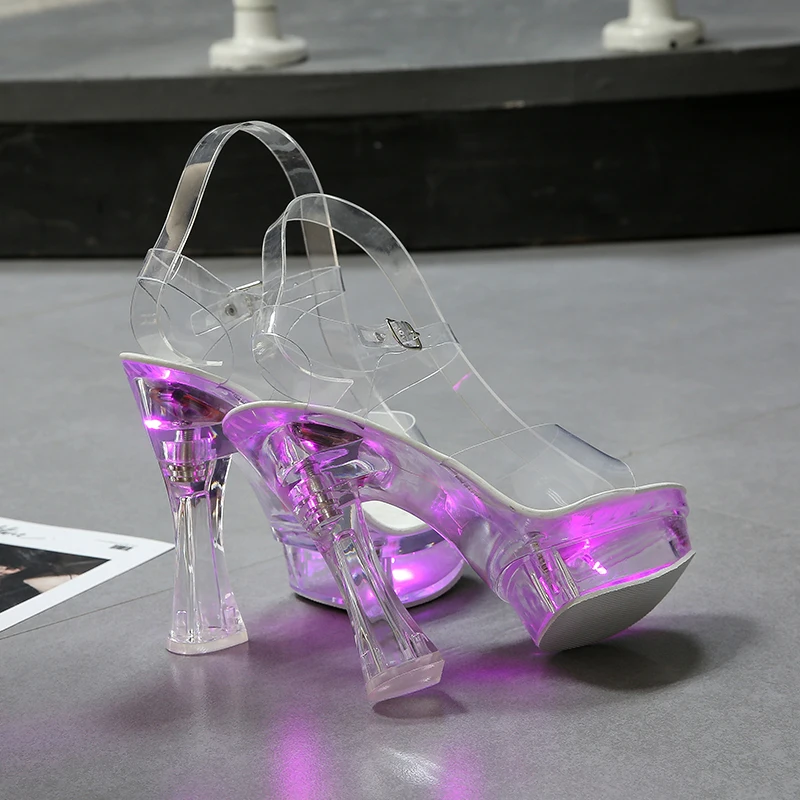 6 цветов; женские босоножки на квадратном каблуке; сверкающие с подсветкой; Светящиеся прозрачные сандалии; обувь на платформе; прозрачные туфли на высоком каблуке 15 см