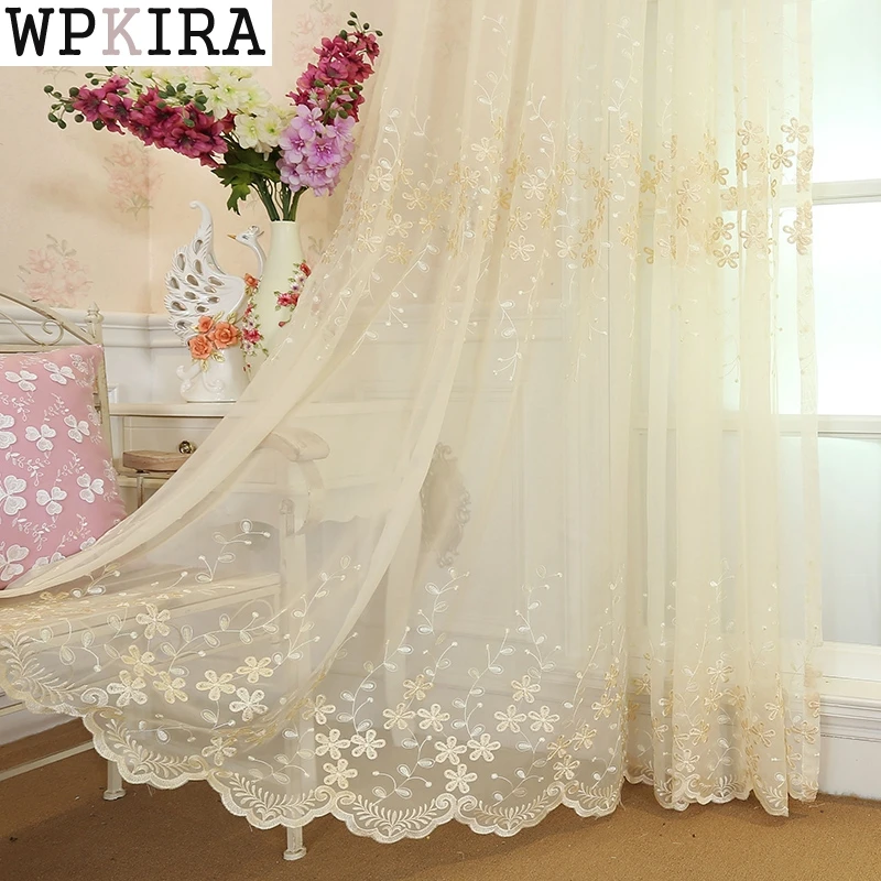 

Embroidered Flower White Tulle Curtains For Living Room Beige Sheer Curtains For Bedroom Finished Voile Curtain Drapes 273&30