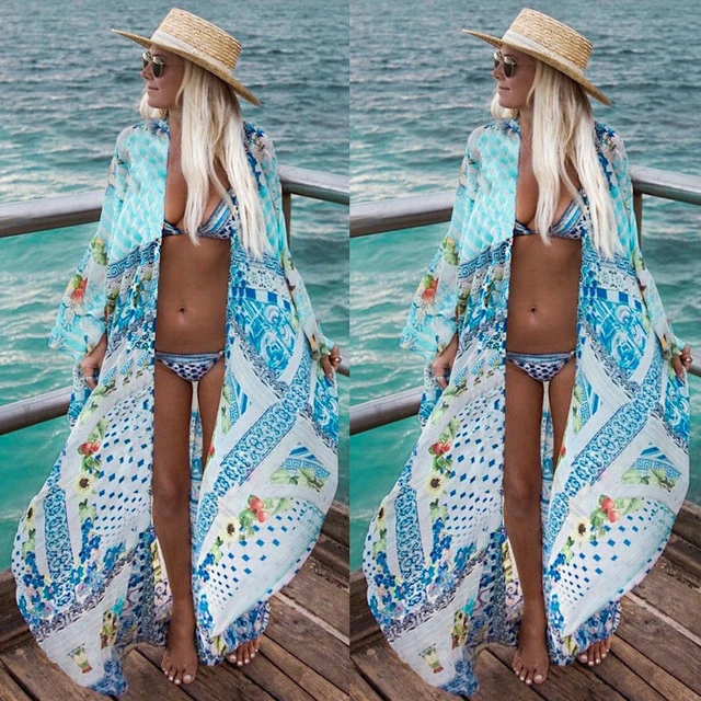 Best Offers Sexy Bikini Cover Up Women Beach Long Dress Floral Printed Swim Beach Wear Ladies Bathing Suit Swimsuit Cover-Ups Saida De Praia