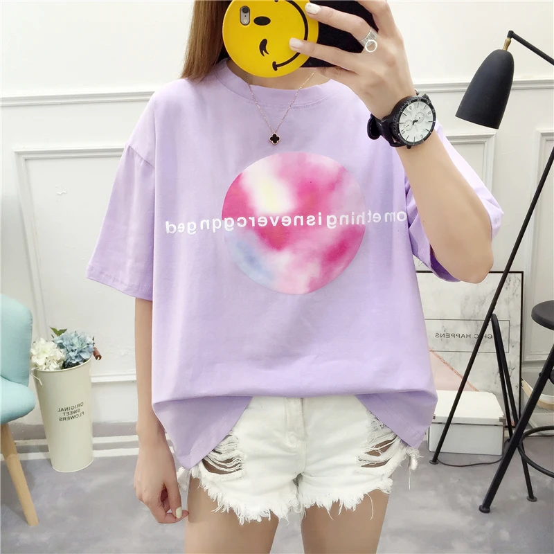 

Korean women cotton T Shirt Harajuku Loose short sleeve funny print T-shirts 2019 Summer black purple tee Tops Camiseta Feminina