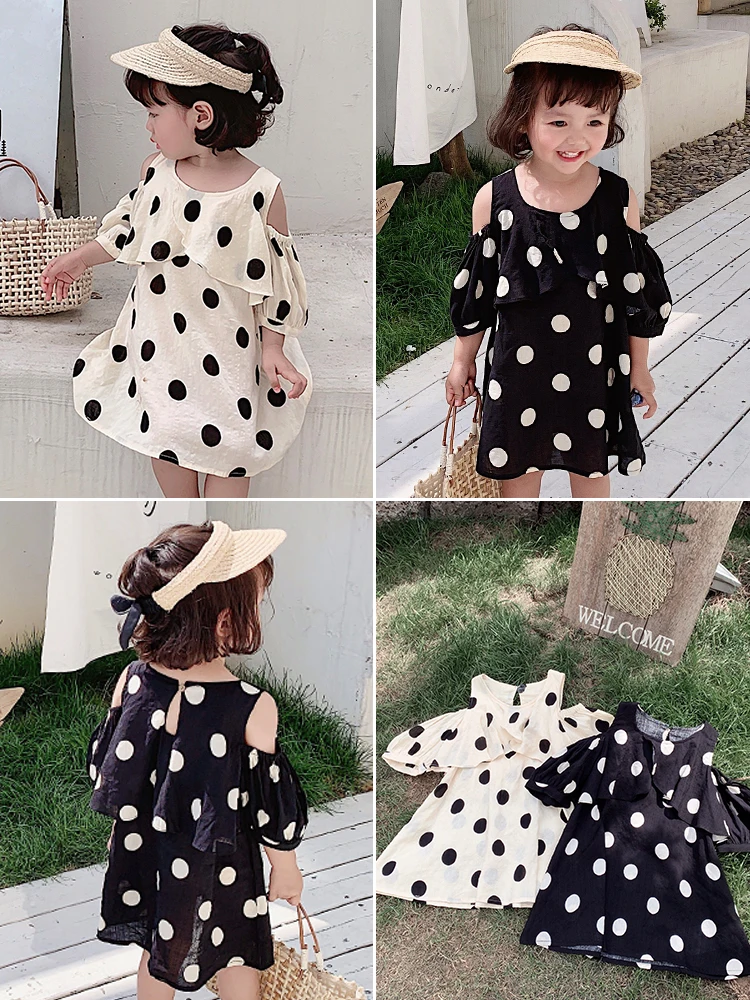 

Off Shoulder Sleeve Babies Dress Lotus Leat Collar Girl Kids Dress Wave Dot Infant Children Girl Dress Kids Loose Leisure Cloth