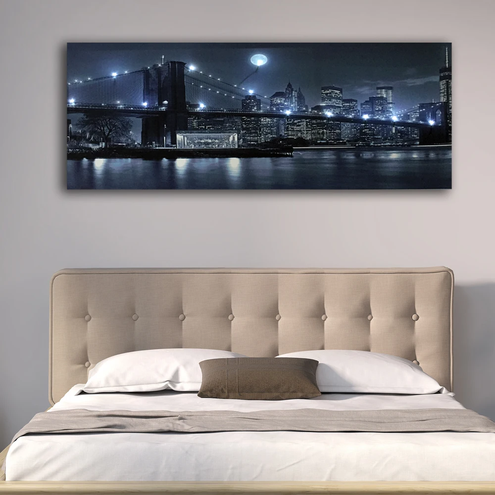 Светодиодная Настенная картина, черный и белый Бруклинский мост с Городской Ночной луной, холст, художественное изображение, светильник, HD картина, произведение искусства, печать в рамке
