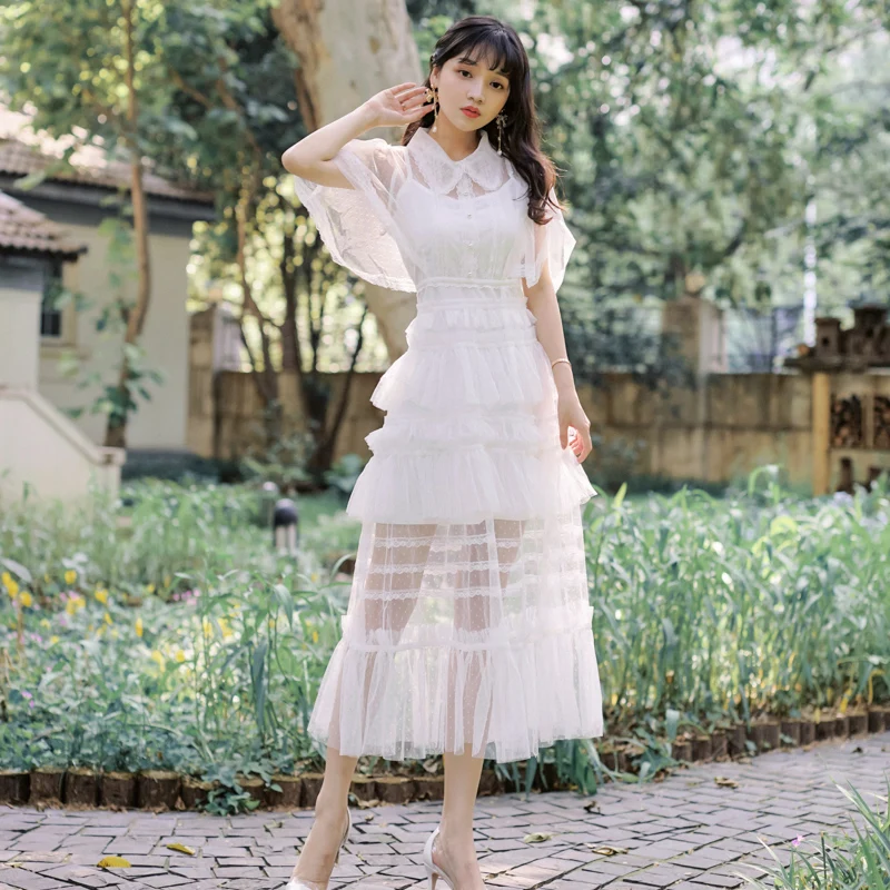 

limiguyue summer white see through long party dress for women elegant peter pan collar ruffles mesh dress runway vestidos Y055