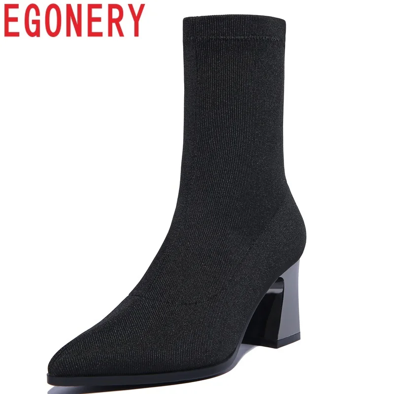 

EGONERY women shoes 2018 newest popular stretch fabric pointed toe high hoof heels slip-on winter plush warm sexy mid calf boots