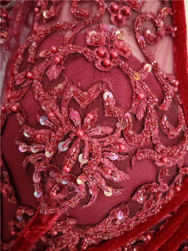 Бургундия Женская мода с длинным рукавом вечернее платье со съемным велюром Overskirt Мать платья вечерние платья знаменитостей