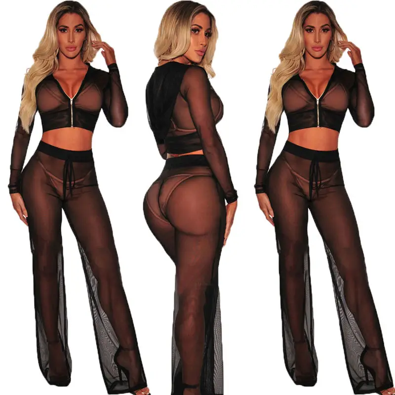 bikini cover up skirt wrap Sexy Women Beach Cover Up See-through Outfit Hooded Long Sleeve Crop Tops Mesh Pants Playsuit Clubwear Bikini Cover Up 2pcs bathing suit dress cover ups Cover-Ups