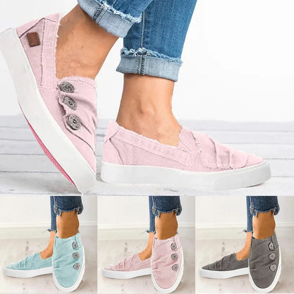 

Women's Summer Canvas Button Flat Platform Sneakers Shoes 2019 Casual Slip On Round Toe Loafers Shoes Pink Color Female Footwear