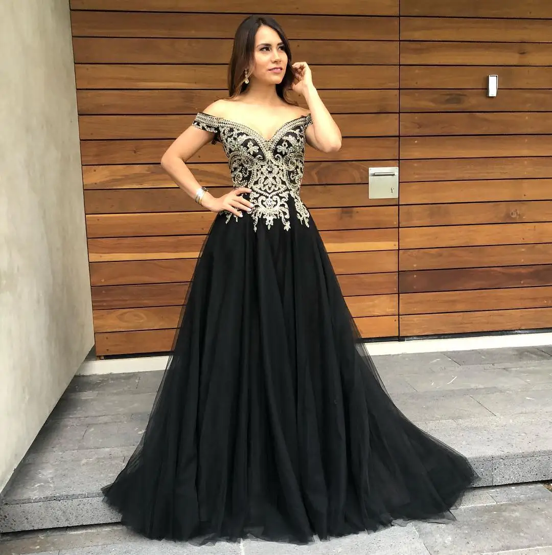 Baijinbay Robe De Soiree Черное вечернее платье длинное Тюлевое платье для выпускного с аппликациями кружевные вечерние платья с открытыми плечами