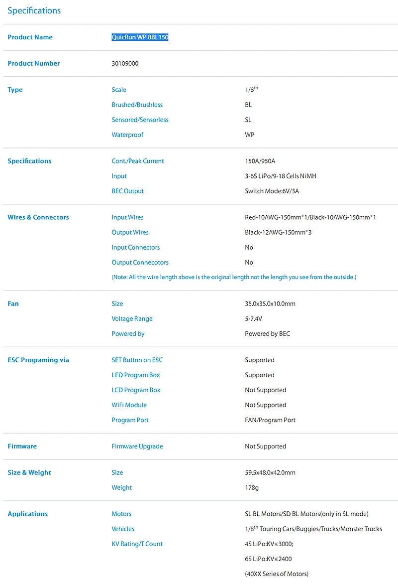 FATJAY Hobbywing QuicRun WP 8BL150 150A 3-6 S сенсорный водонепроницаемый Бесщеточный Регулятор скорости ESC для 1/8 RC автомобилей багги грузовиков