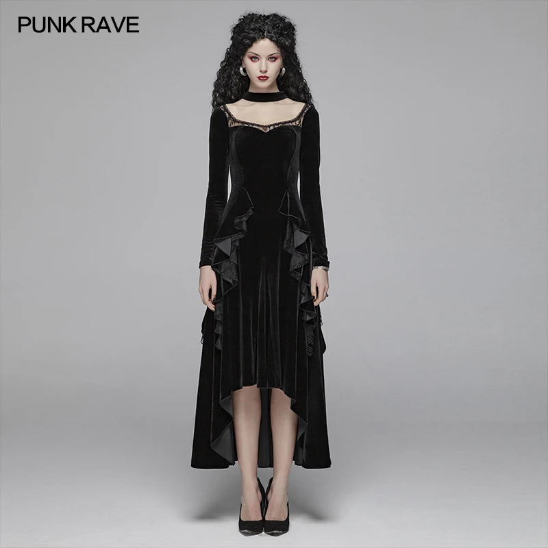 

PUNK RAVE Women's Gothic Squareneck Collar Long Sleeved Ruffles High/Low Velvet Maxi Dresses Club Party Sexy Dress Women