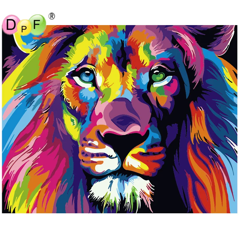 

DPF DIY oil Painting On Canvas Acrylic Coloring Colorful Serious Lion By Numbers painting For living room Decor no frame crafts