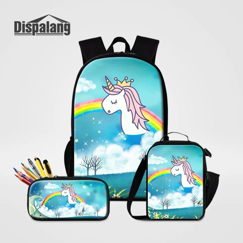 

Dispalang Rainbow Unicorn Backpack For Girls Children's Zip Pencil Case Food Lunchbag For School 3 PCS Set Kids Custom Bookbag