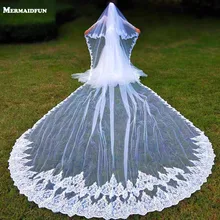 Реальные фотографии блестки кружева края 5 метров, свадебная фата с румяна Великолепные Длинные 2 яруса свадебная вуаль с расческой